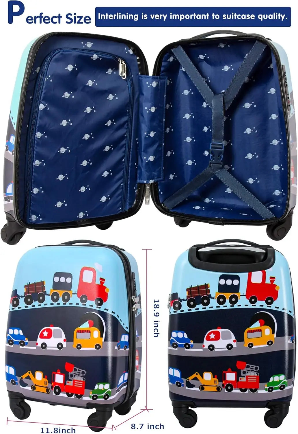 Kids Rolling Suitcase with 4 Wheels, Hardshell Travel Luggage for Toddlers and Children