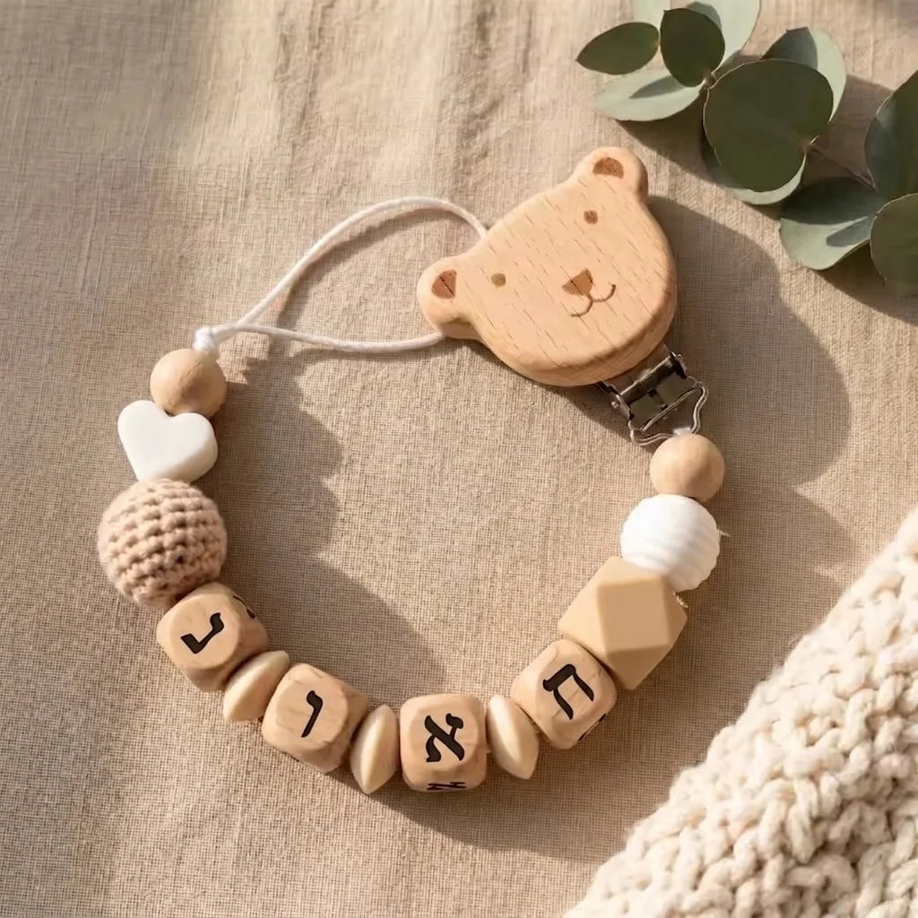 Custom Name Pacifier Clip Hebrew Baby BPA Free Silicone Teether Holder Wooden Beads Dummy Chain Soother Clip Newborn Boys Girls