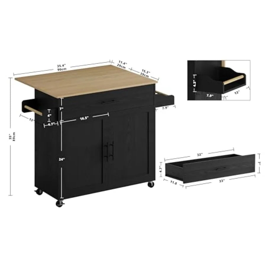 Rolling Kitchen Island Table on Wheels with Drop Leaf, Storage Cabinet, Drawer, Spice/Towel Rack, Kitchen Cart, 47.25 Wide Blac