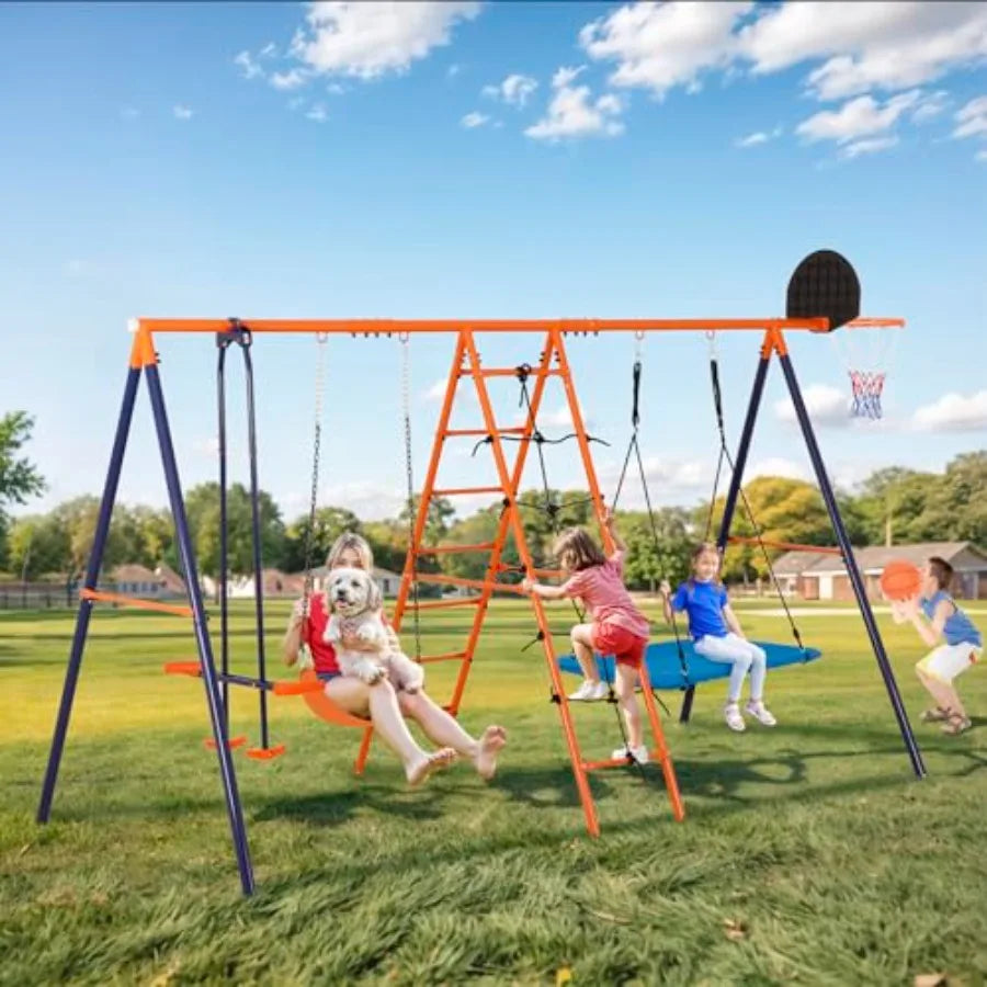 Outdoor Metal Swing Set For Kids, Heavy-Duty Steel Frame 660Lb