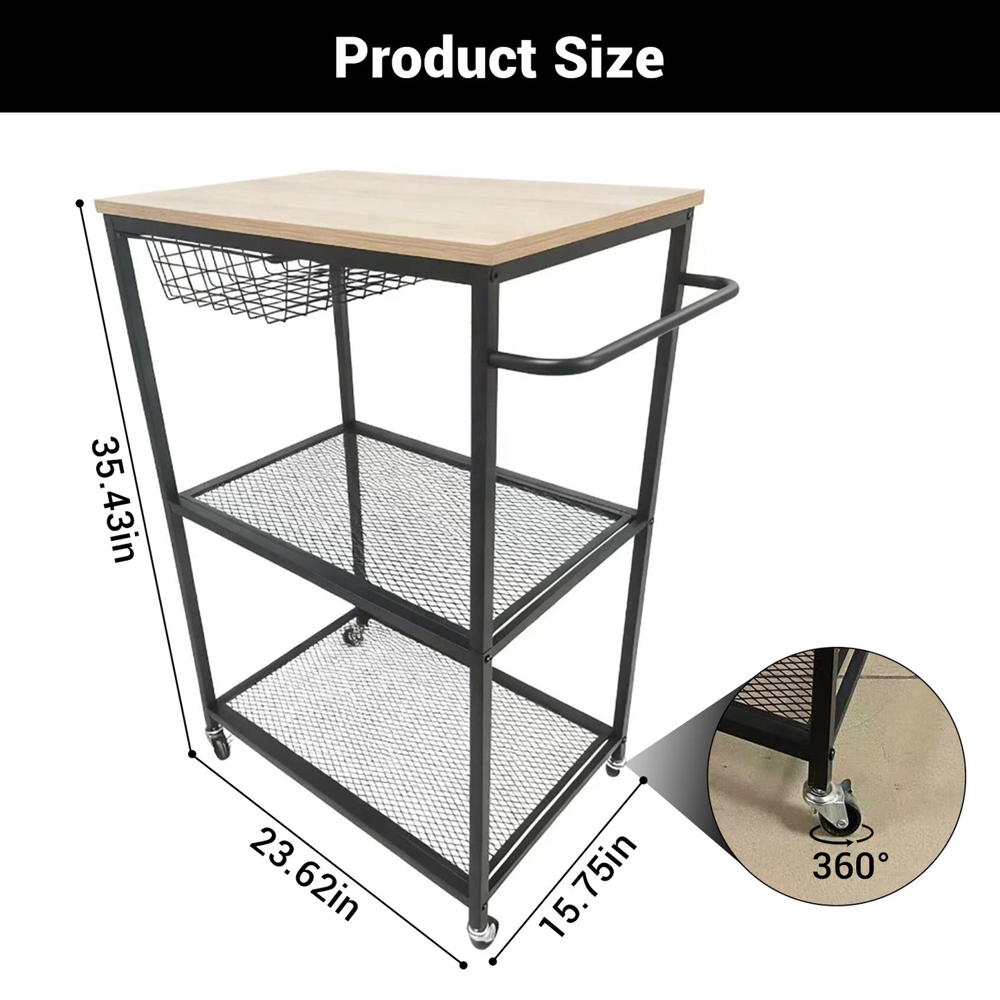 Microwave Kitchen Storage Cart with Push Handle 3 Tier Rolling Cart with 2 Lockable Wheels for Kitchen Island Dining Room