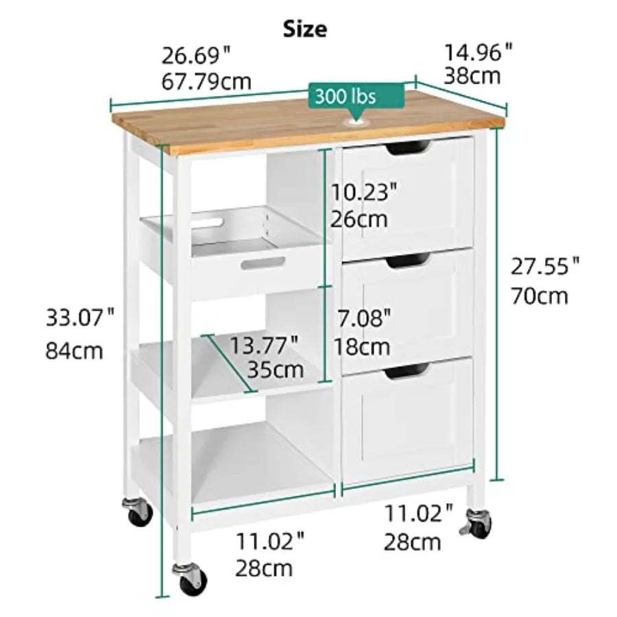 Kitchen island cart for dining room use, solid wood top in oak white finish, with 3-drawer storage and smooth-rolling wheels fo