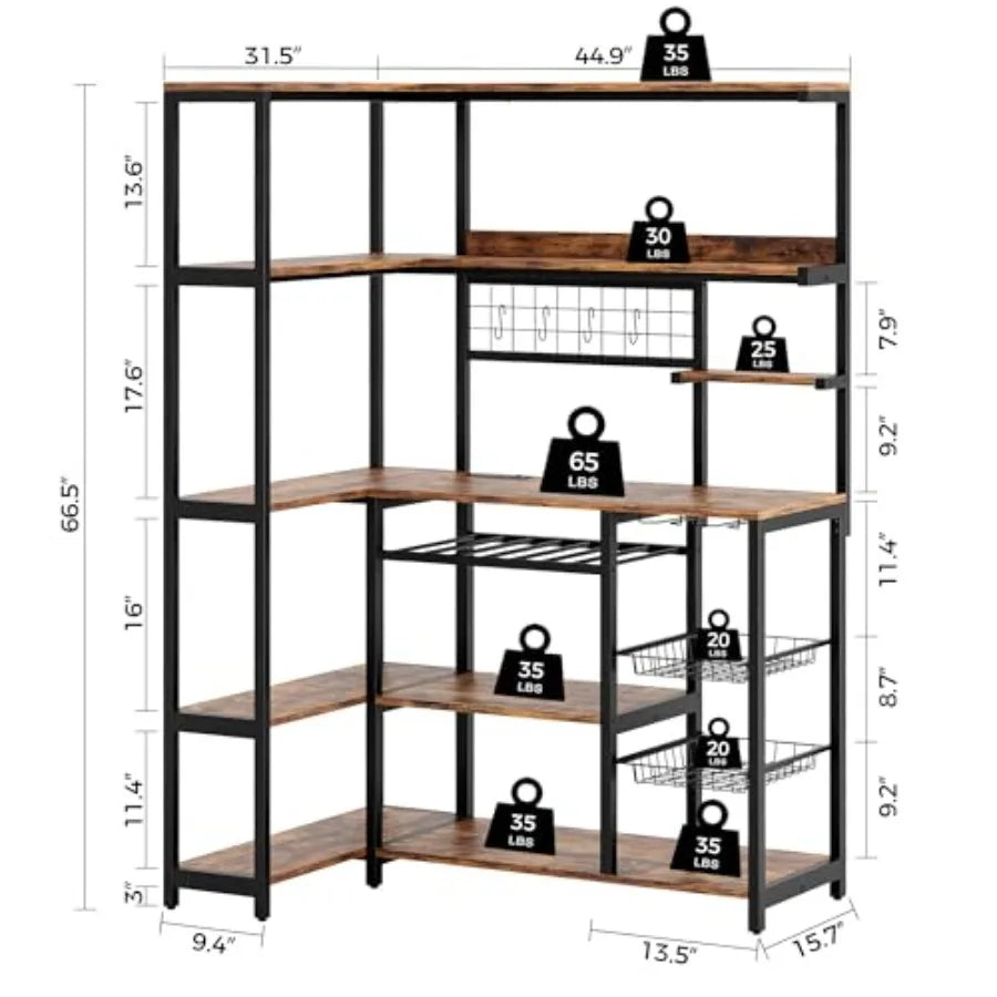 Kitchen corner bakers rack with power outlet, 6-tier industrial coffee bar in rustic brown metal, includes wine rack, hooks, wi