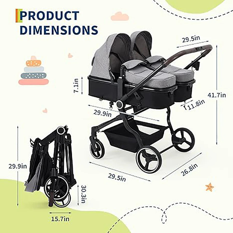 Lightweight Compact Fold Tandem Stroller With Adjustable Canopy