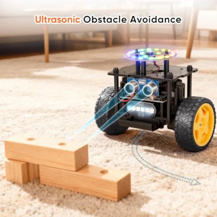 STEM educational robot car kit for kids ages 8-16, ABS plastic, black-red, remote control + build-your-own functionality