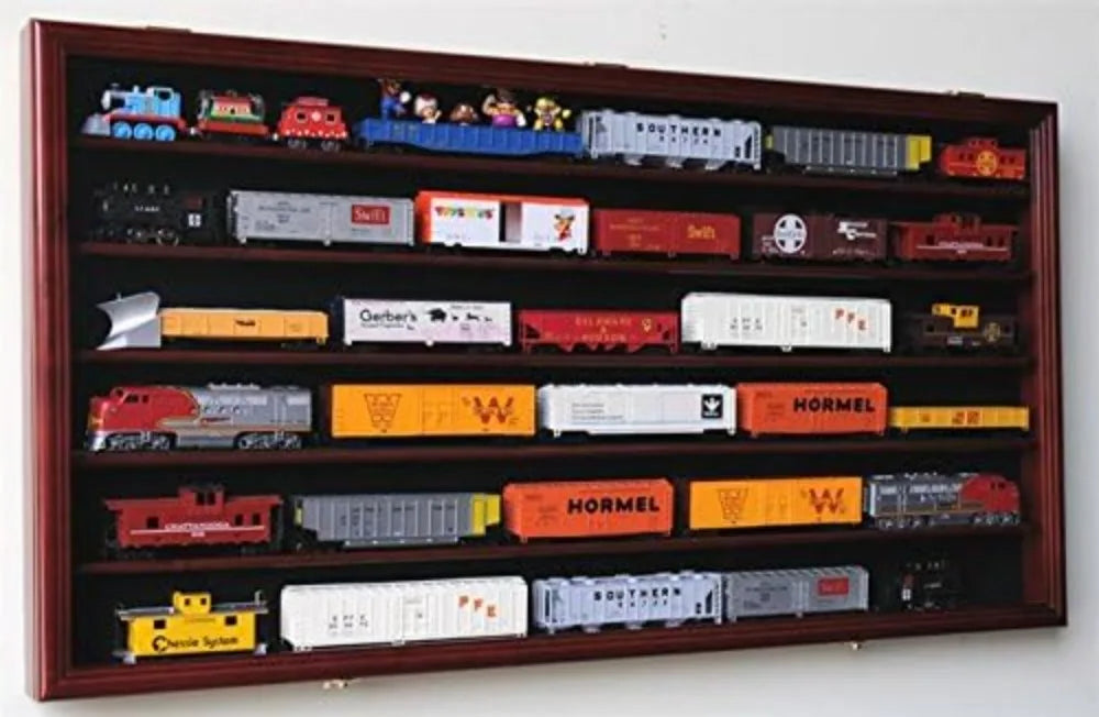 HO Scale Model Train Display Case with UV Protection, Lockable Cabinet Wall Rack - Cherry Finish