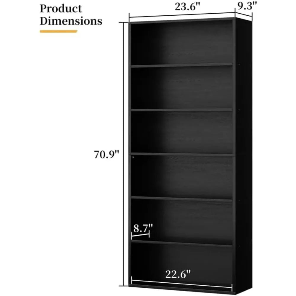 6-Tier Tall Bookshelf 70.6" Open Bookcase Display Shelves Floor Standing for Home Office Living Room Black