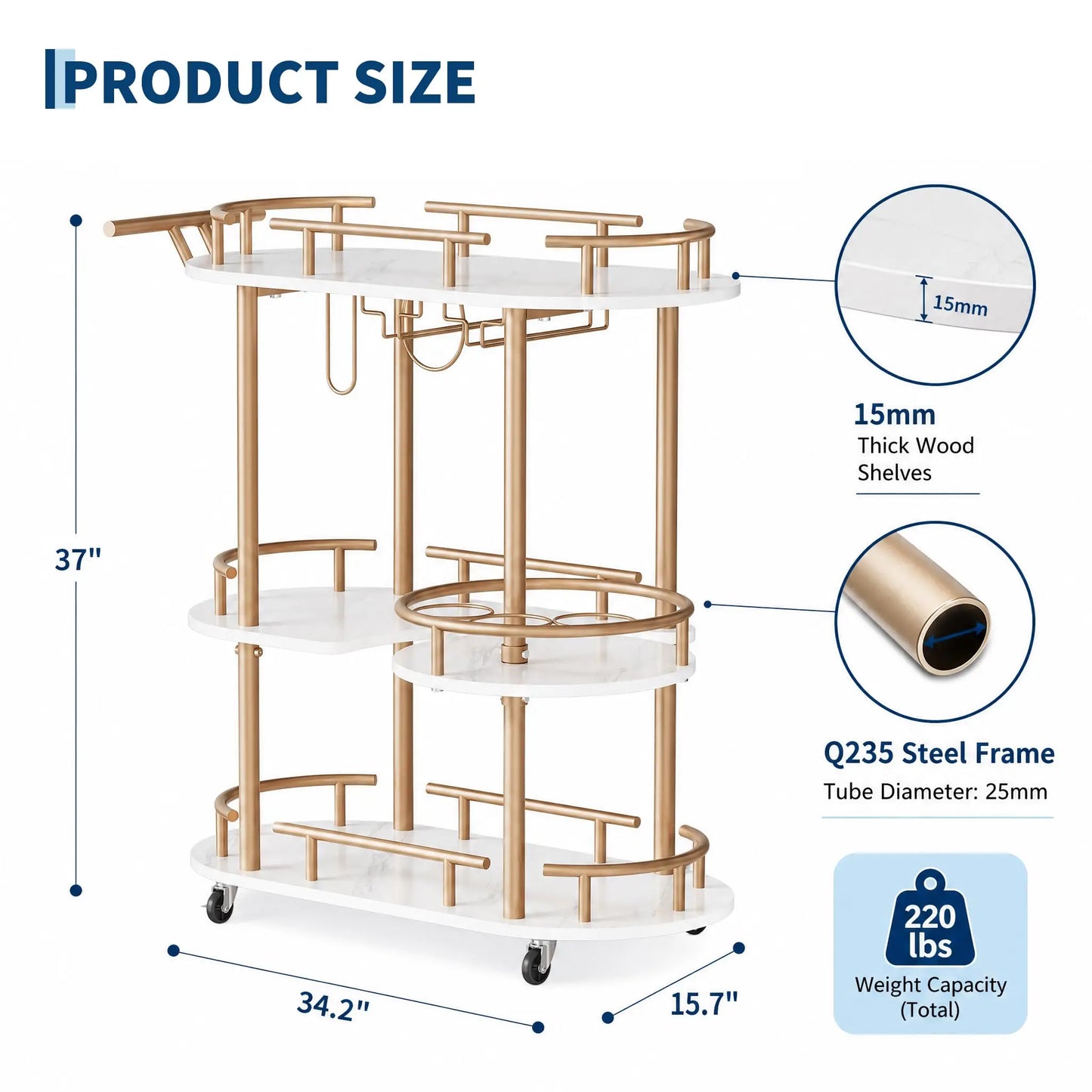 HiMISS Three Tier Metal Rolling Cart With Wine Rack