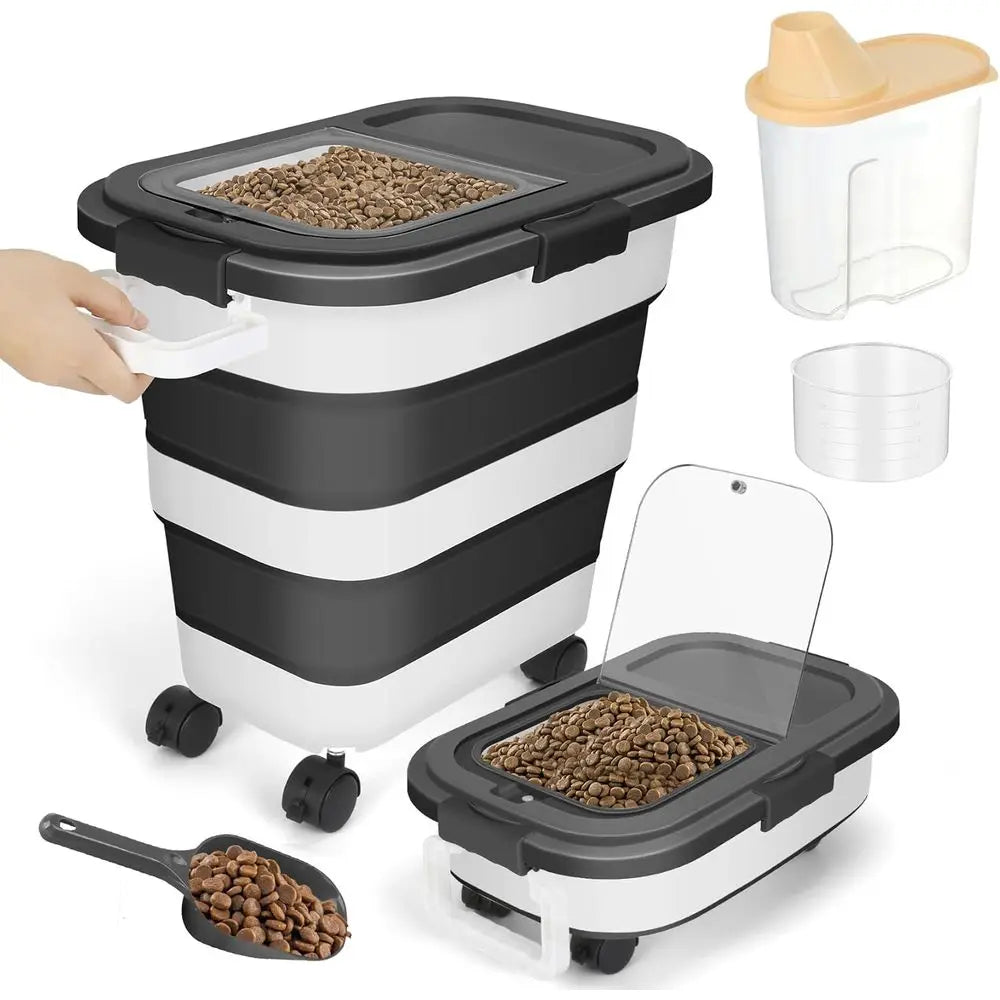 Large Collapsible Pet Food Storage Container with Airtight Lid, Wheels, Handle, and Measuring Cup for Dogs and Cats (Black)