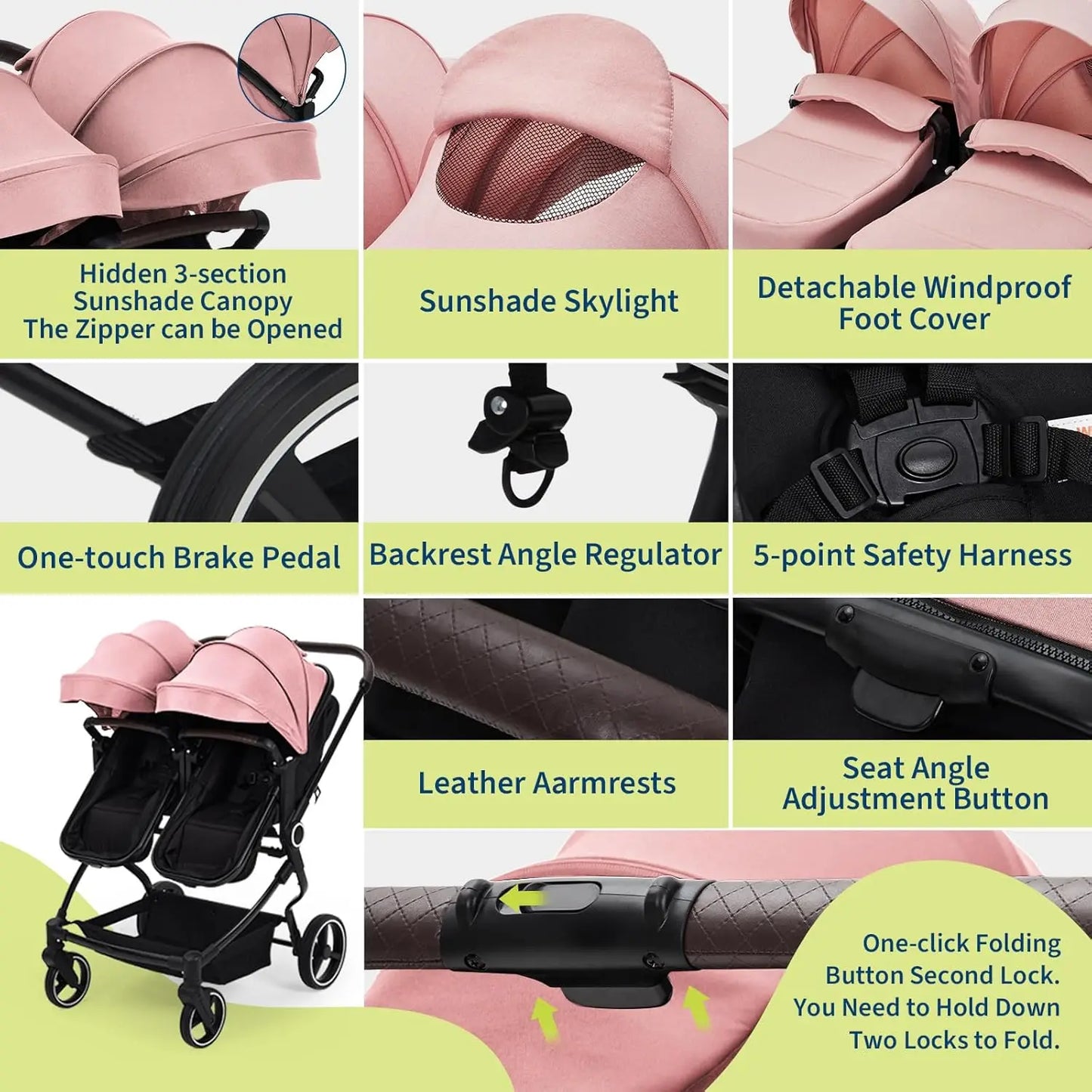 Side by Side Double Stroller for Twins,Lightweight Compact Foldable Baby Travel Stroller with High Landscape Seat