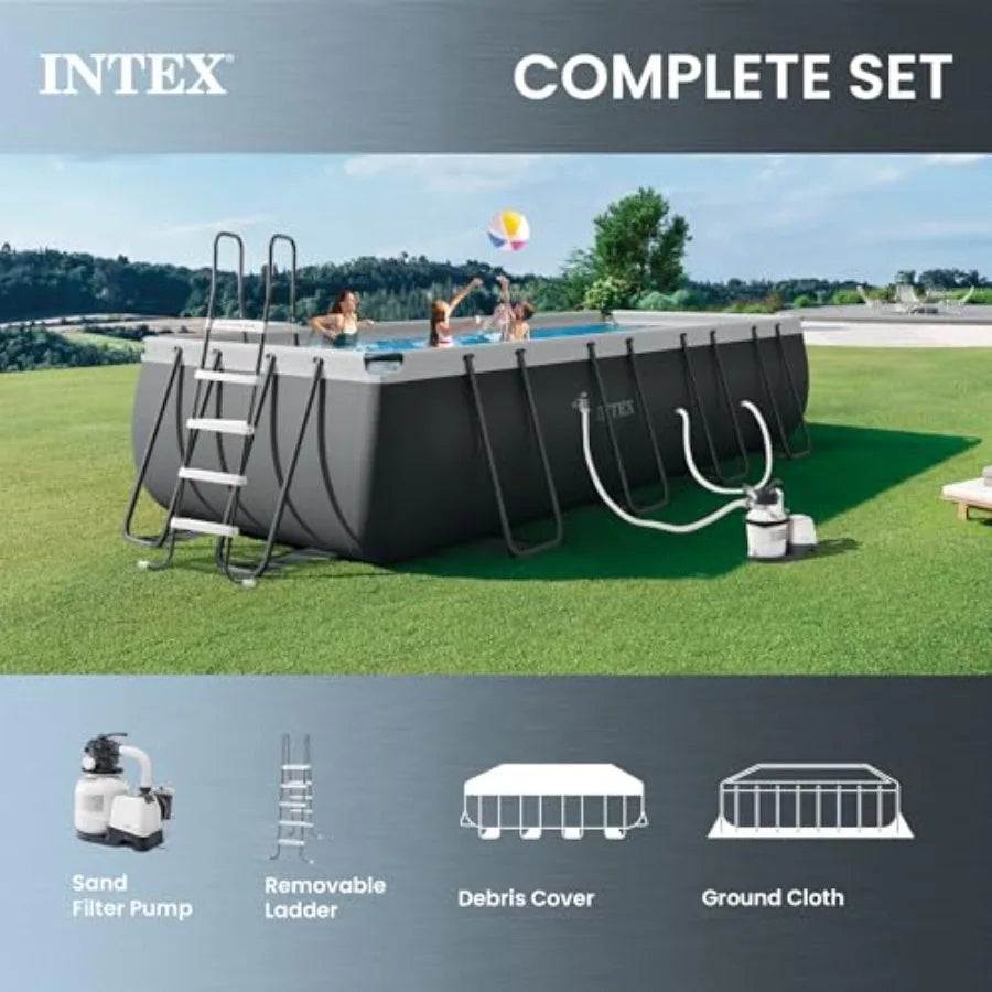 18 ft x 9 ft 52 in Rectangular Above Ground Pool Set with Steel Frame Sand Filter Pump 1500 GPH Ladder Cover Ground Cloth Blue