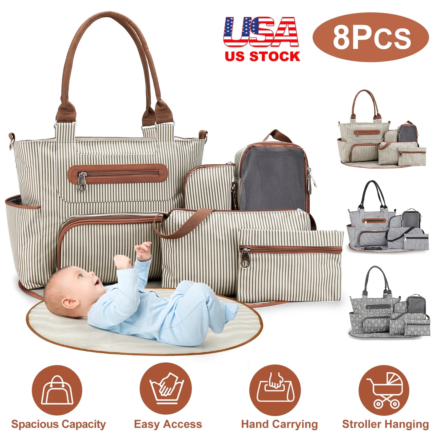US Stock 8Pcs Diaper Bag Set Large Capacity Baby Nappy Handbag Multifunctional Maternity Changing Bag with Portable Pad