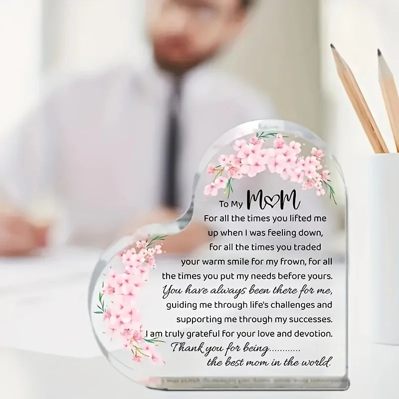 Heart Shaped Acrylic Mom Appreciation Plaque Floral Design Elegant Script