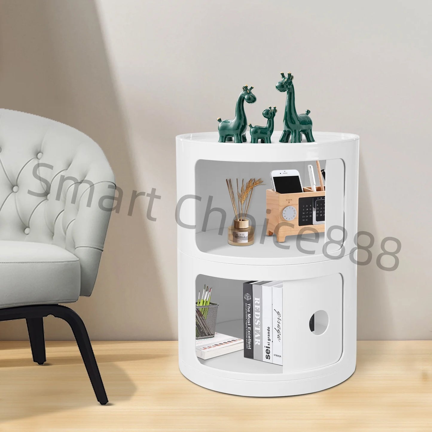 2-Tier Simple Round Nightst Bedside Table Round Large-capacity Storage ABS Green/White for Bathroom Bedroom Office