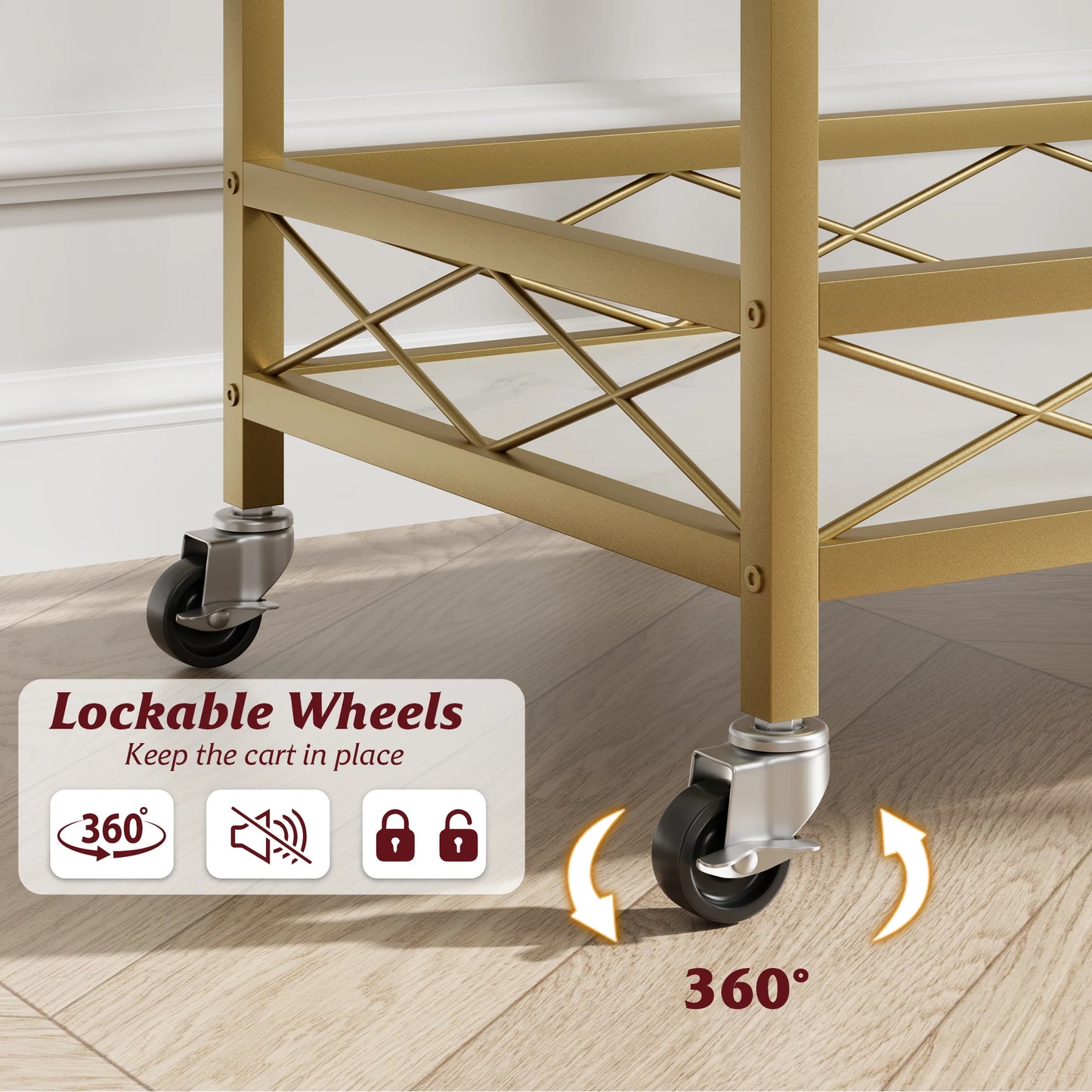 2-Tier Home Dining Room Bar Serving Cart on Lockable Wheels Mobile Beverage Cart with Wine Racks Glass Holder Rolling Wine Cart