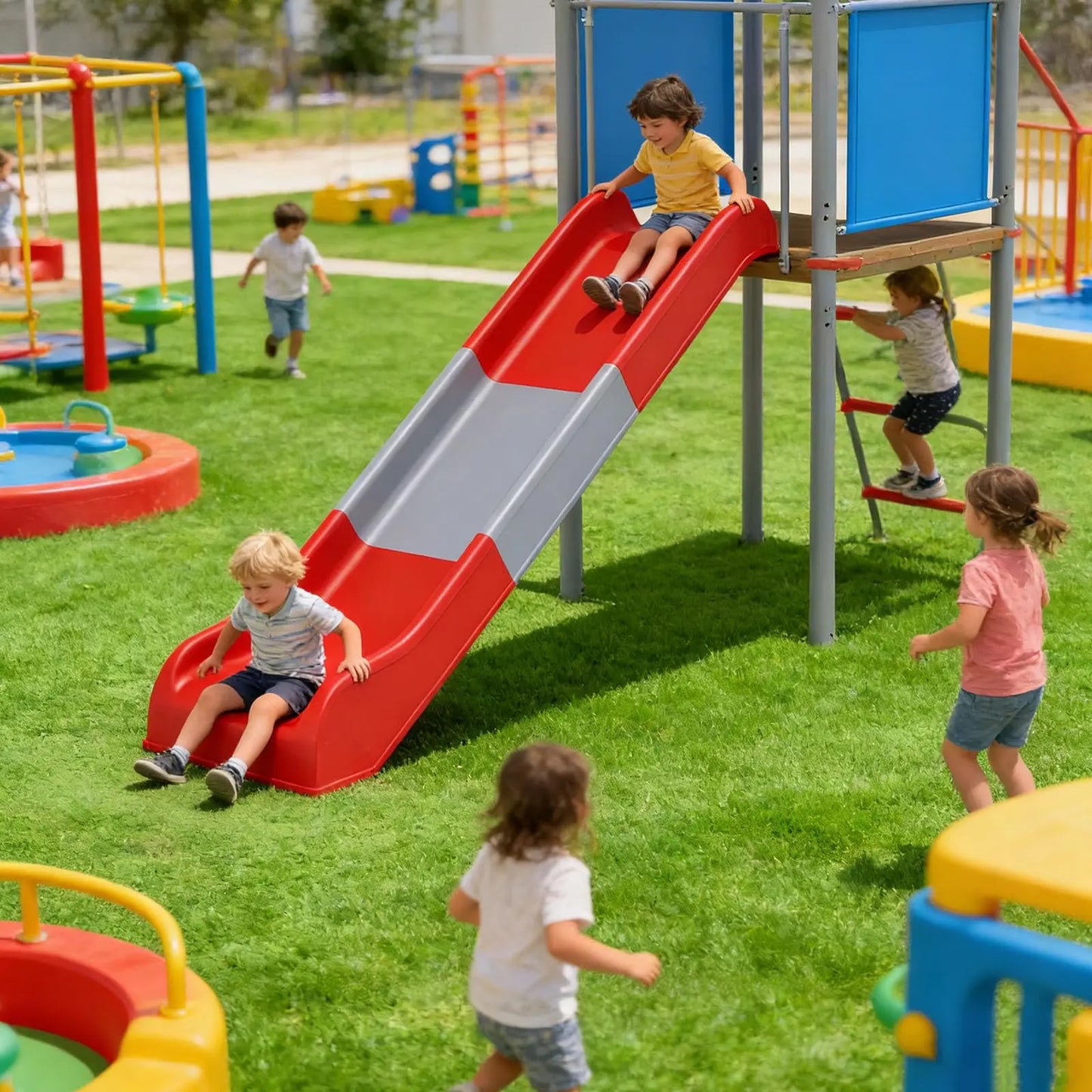 Kids Outdoor Playset Heavy Duty Metal Swing Set With Slide Basketball Hoop Treehouse Backyard Playground Equipment For Children