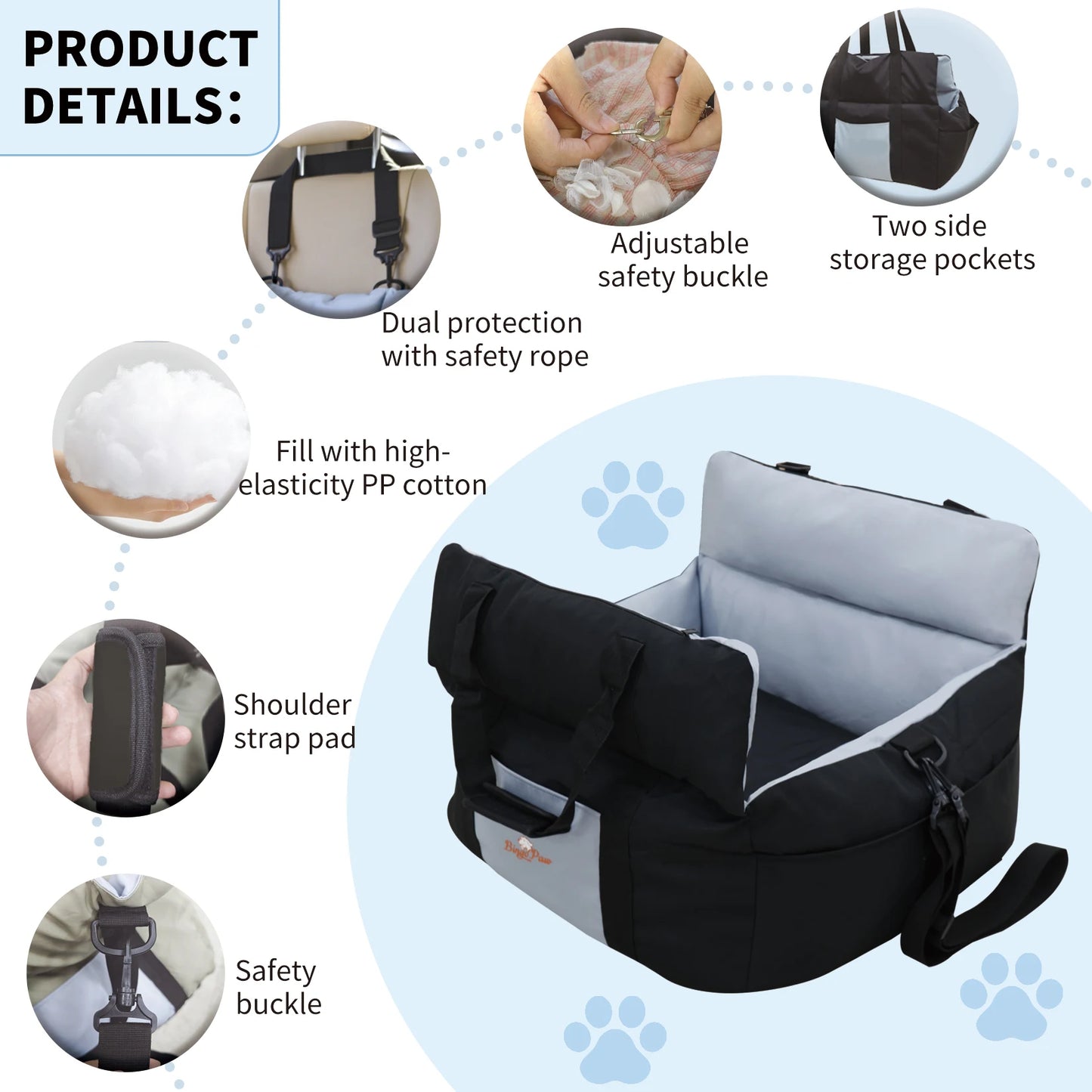 Borwart Portable Dog Car Seat With Safety Belt Removable Cover