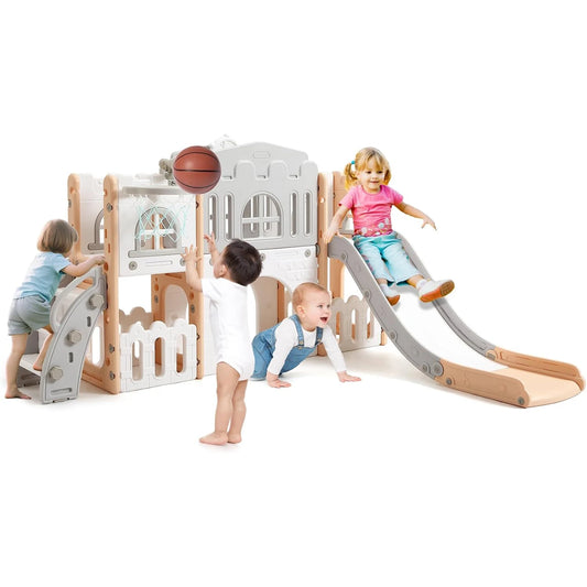 8-in-1 Toddler Slide, Kids Climber Playset w/ Climbing Ladder,Tunnel,Basketball Hoop Kids Montessori Play Equipment for Ages 1-3