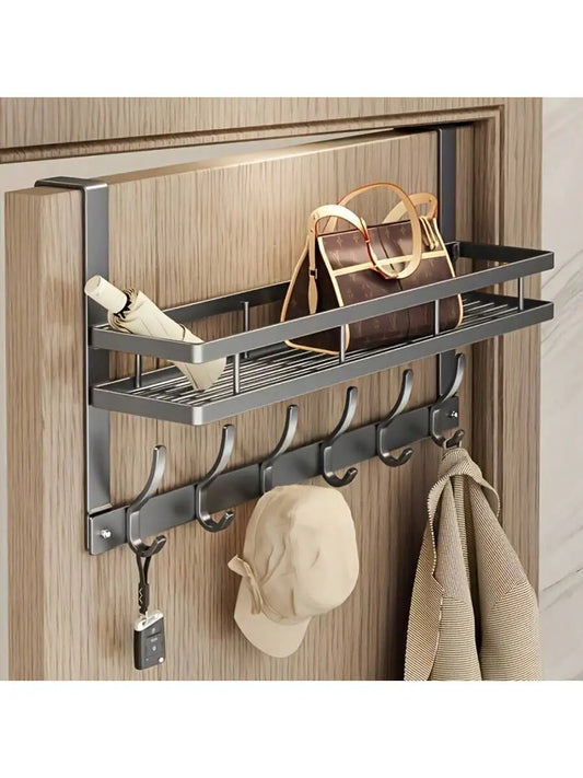 Gun Gray Over-the-Door Hook Rack with Storage Shelf, 6 Heavy-Duty Hooks for Coats, Bags, Hats & Keys, No-Drill Door Back Organiz