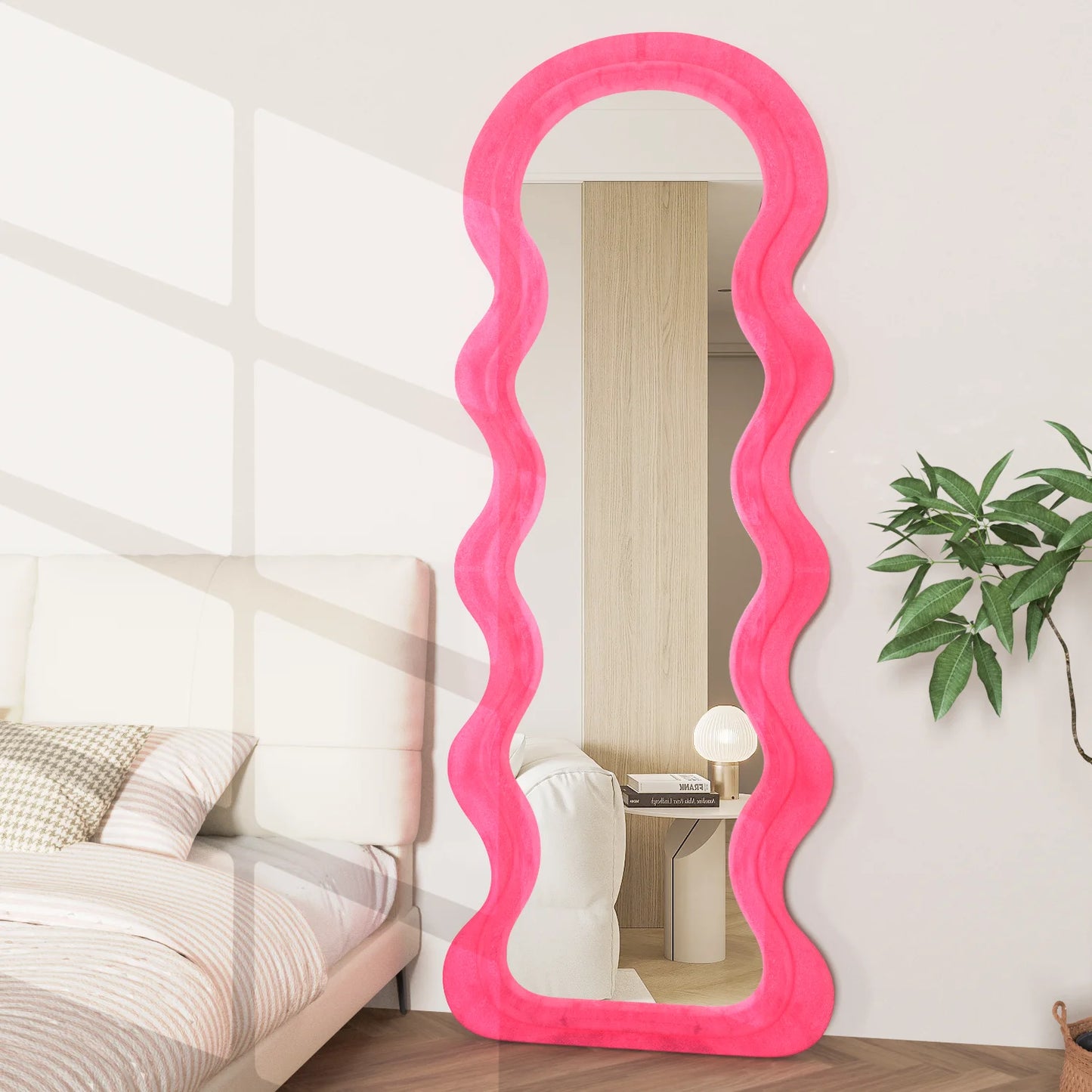 Full Length Mirror, 63" x 24" Floor Mirror, Irregular Wavy Mirror, Full Length Wall Mirror, Standing Flannel Wrapped Wooden
