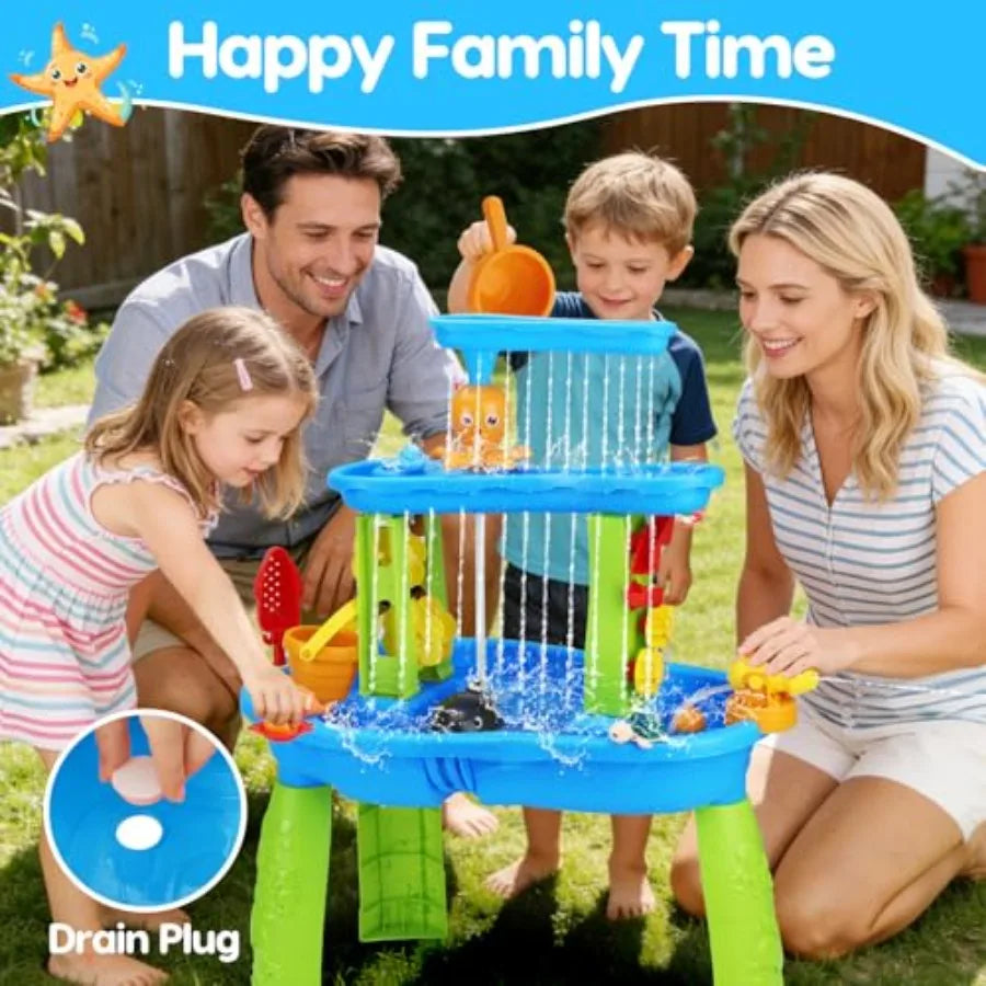 Outdoor 3-Tier Water Table for Toddlers 1-3 3-5 Years Plastic Blue Includes Pump for Sensory Summer Splash Play at Beach Pool B