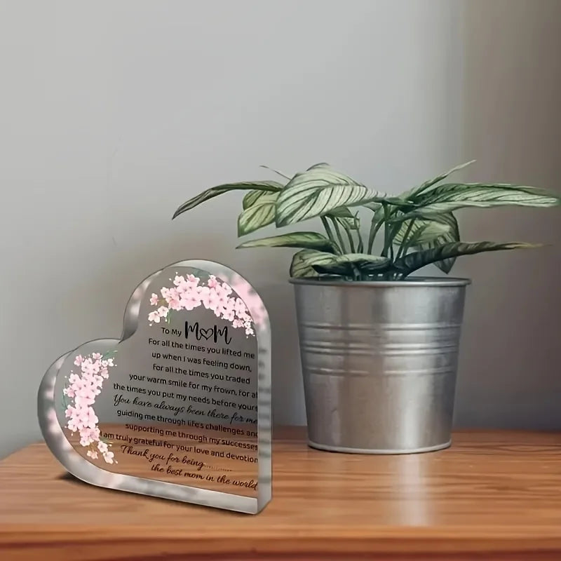 Heart Shaped Acrylic Mom Appreciation Plaque Floral Design Elegant Script