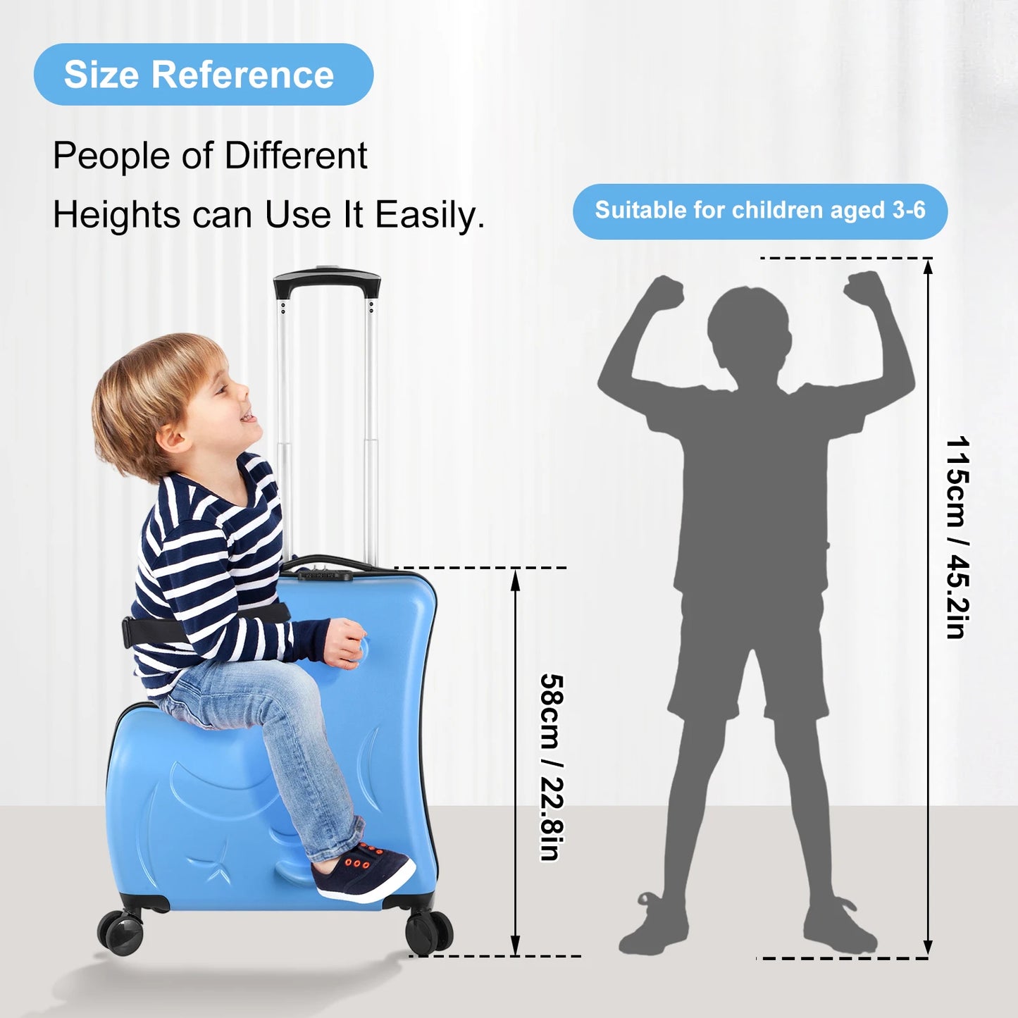 Kids Ride on Luggage, Toddler Luggage Seat Ride on, Kids Travel Suitcase with Safety Belt, Scooter Suitcase for Kids Ages 6-12
