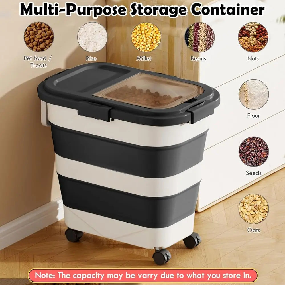 Large Collapsible Pet Food Storage Container with Airtight Lid, Wheels, Handle, and Measuring Cup for Dogs and Cats (Black)