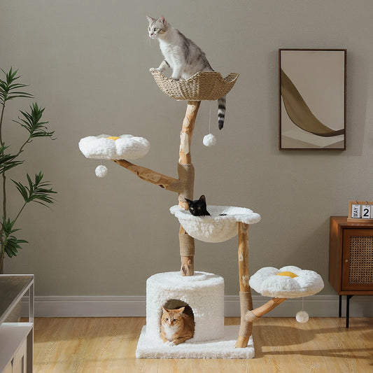 Large Cat Tree Tower | Natural Wood, Wicker Basket Bed & Flower Cat Condo