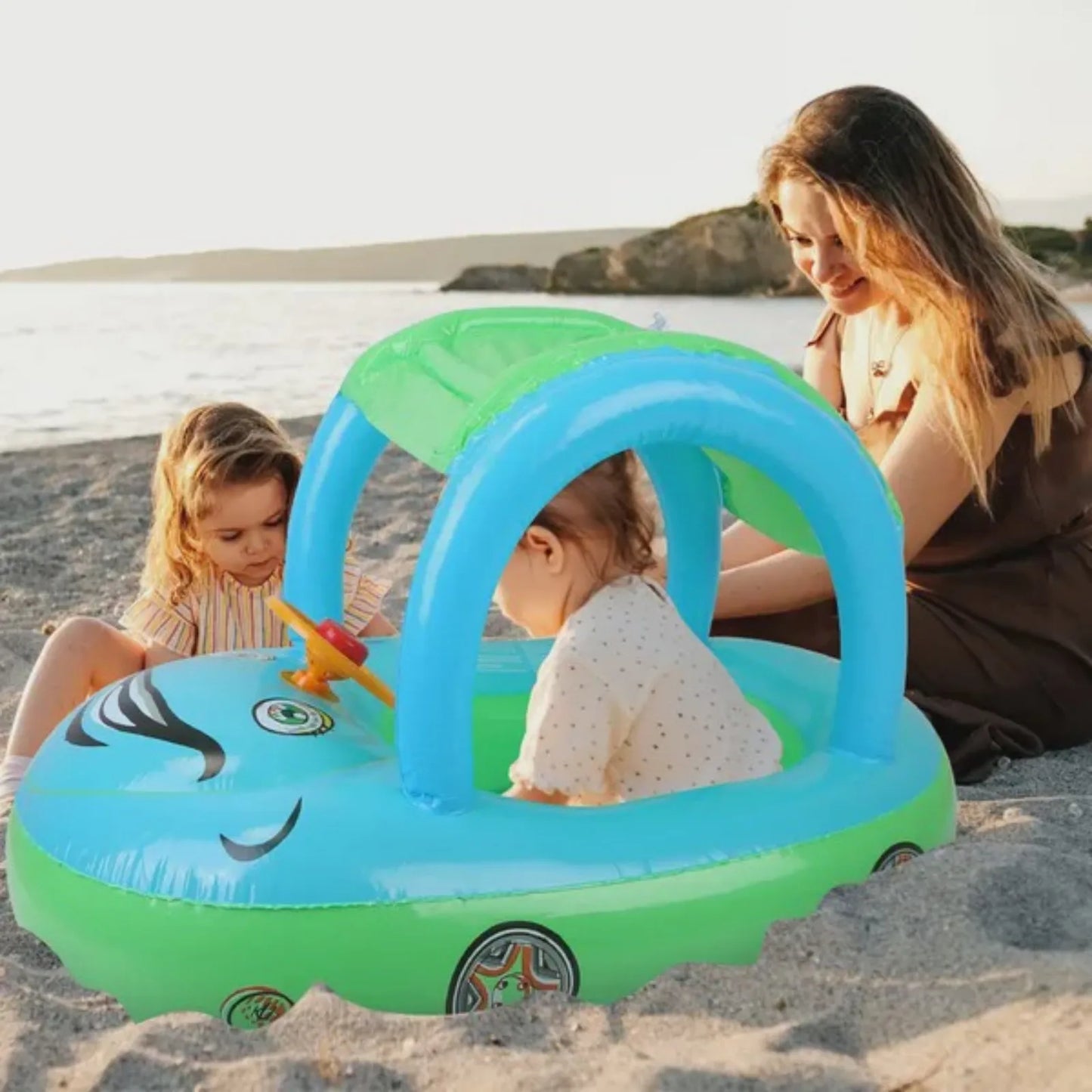 Baby Inflatable Pool Float Car Shaped Toddler Swimming Float Boat Pool Toy Infant Swim Ring Pool with Sun Protection Canopy for 1-3 Year-Old Kids Infant Toddlers