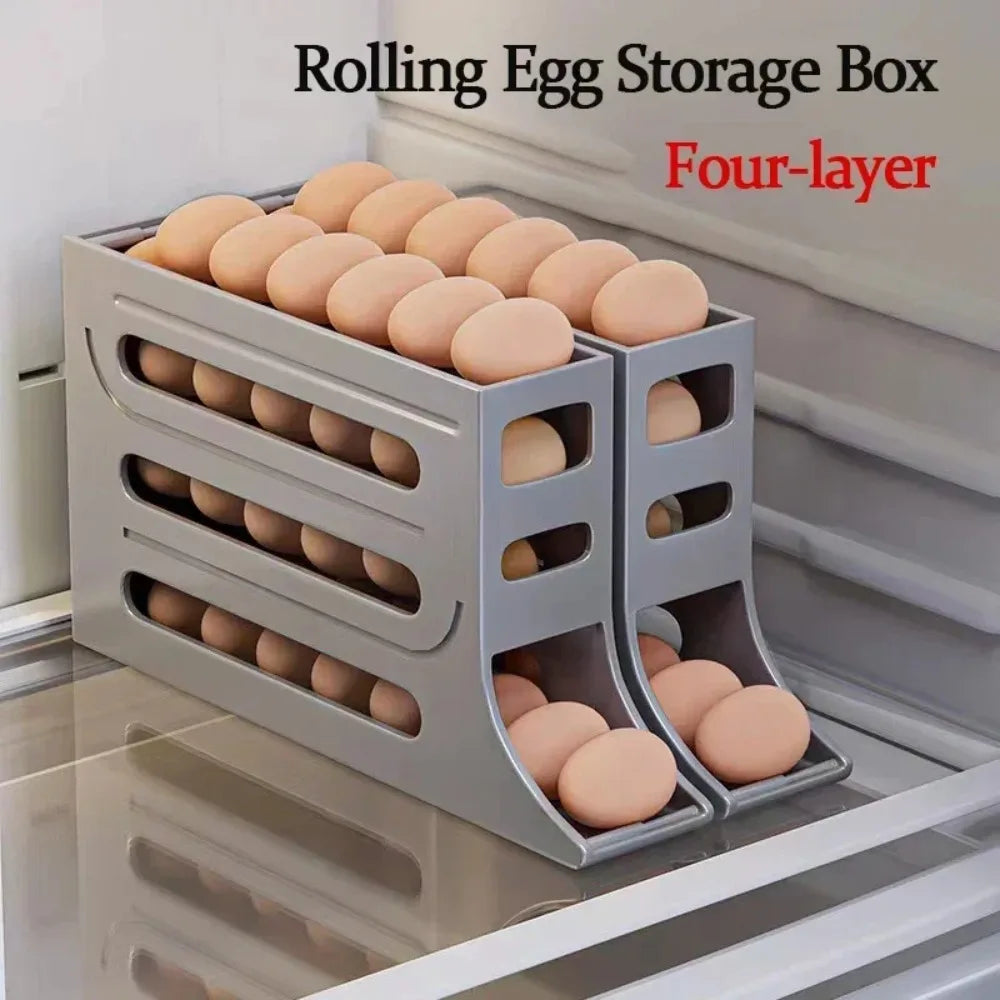 4 Layer Automatic Rolling Egg Dispenser Refrigerator Storage Box Fridge Organizer Rack for Kitchen