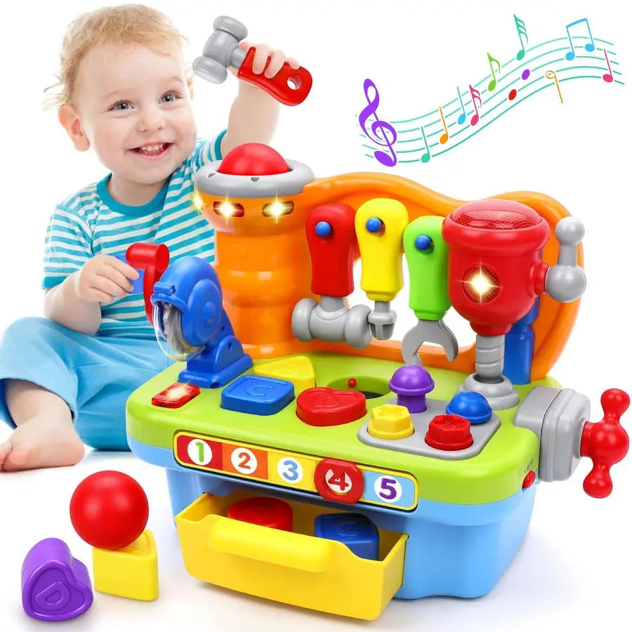 Toys for 1 Year Old Boy, Musical Toddler Tool Bench, Montessori Educational Toys with Sound Lights Effect, Shape Sorter, One Yea