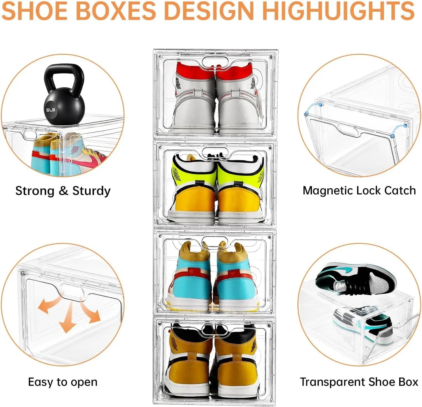Clear Stackable Shoe Storage Box with Magnetic Door, Holds Up to US Size 12, Easy Assembly