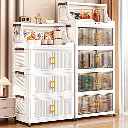 Large Foldable Flip-Top Transparent Storage Cabinet with Wheels, Space-Saving Mobile Home Organizer