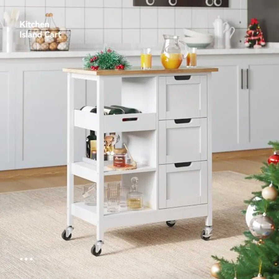 Kitchen island cart for dining room use, solid wood top in oak white finish, with 3-drawer storage and smooth-rolling wheels fo