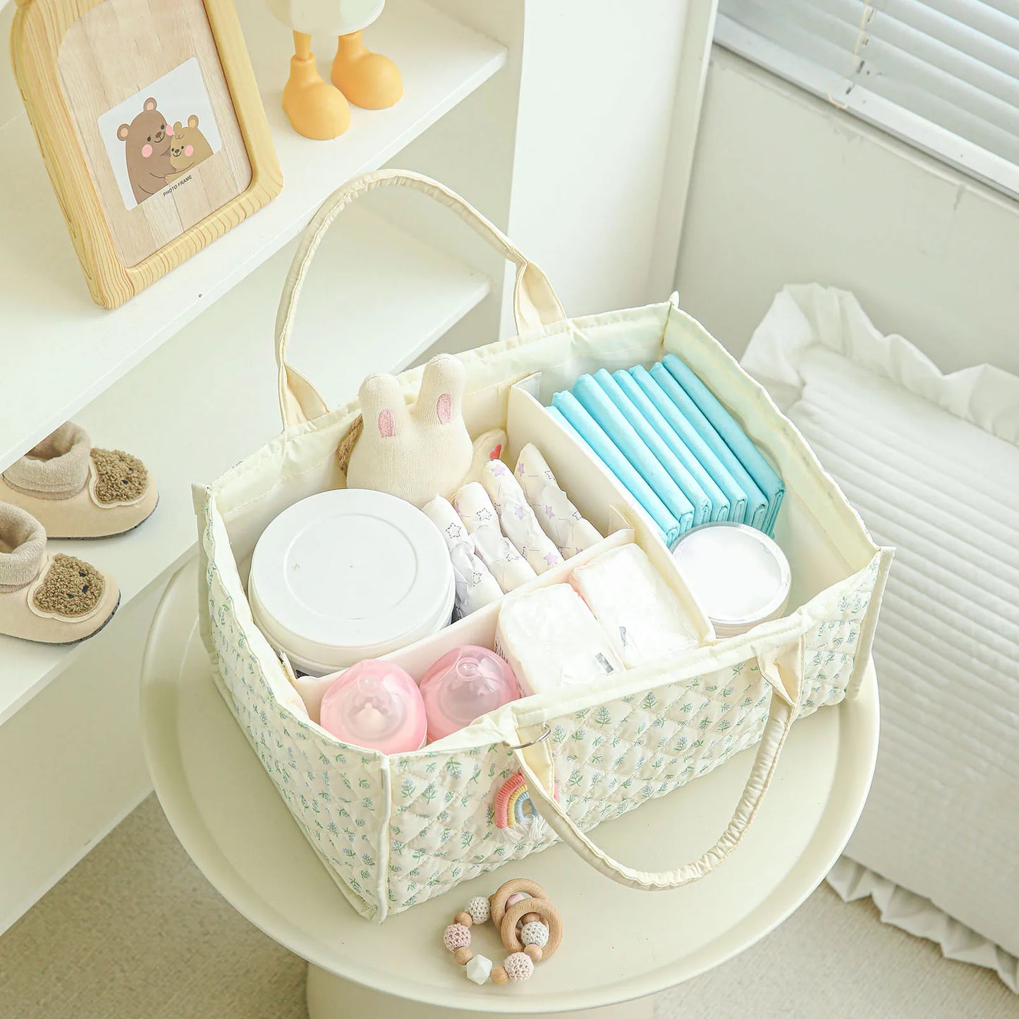Floral Diaper Caddy Organizer with Removable Divider Baby Nursery Storage Basket for Baby Wipes Newborn Essentials Must Haves