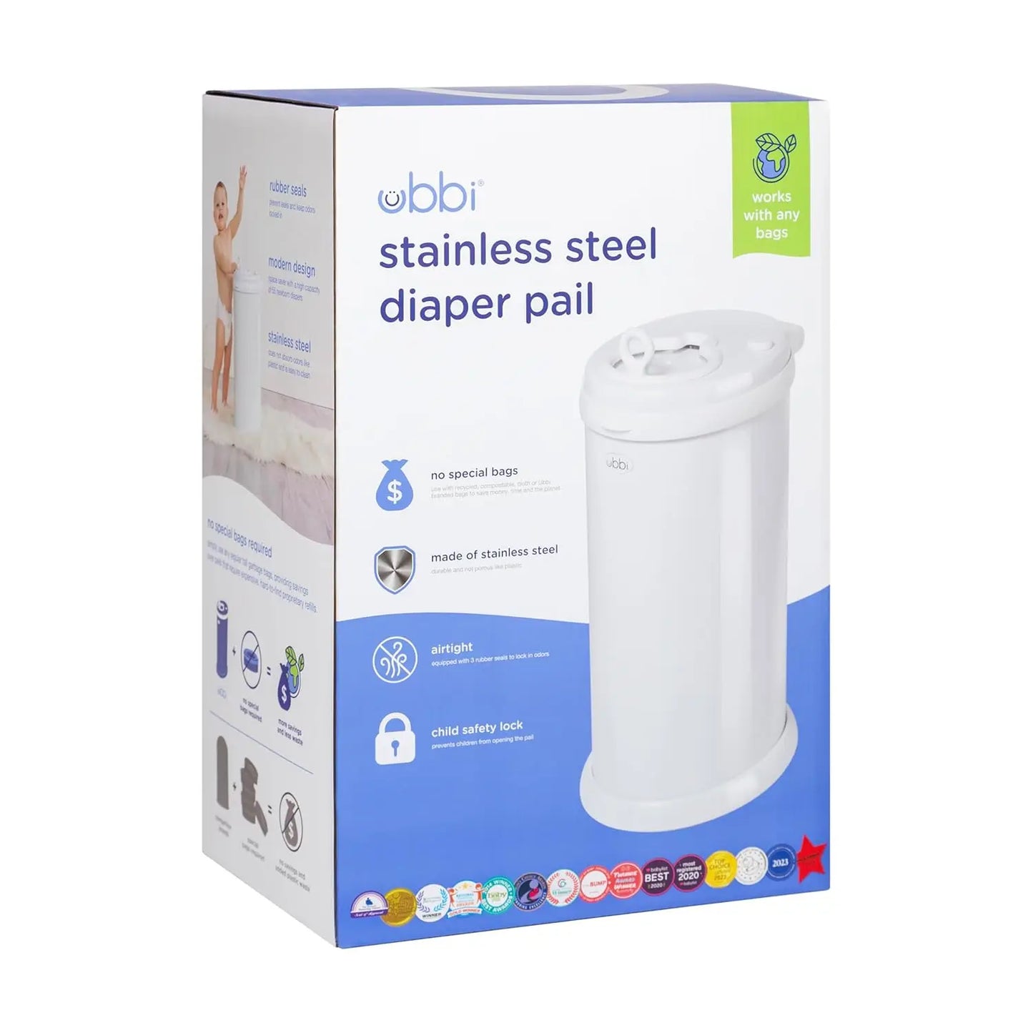 Steel Diaper Pail with Odor Lock, No Special Bags Needed, Award-Winning Nursery Essential in White
