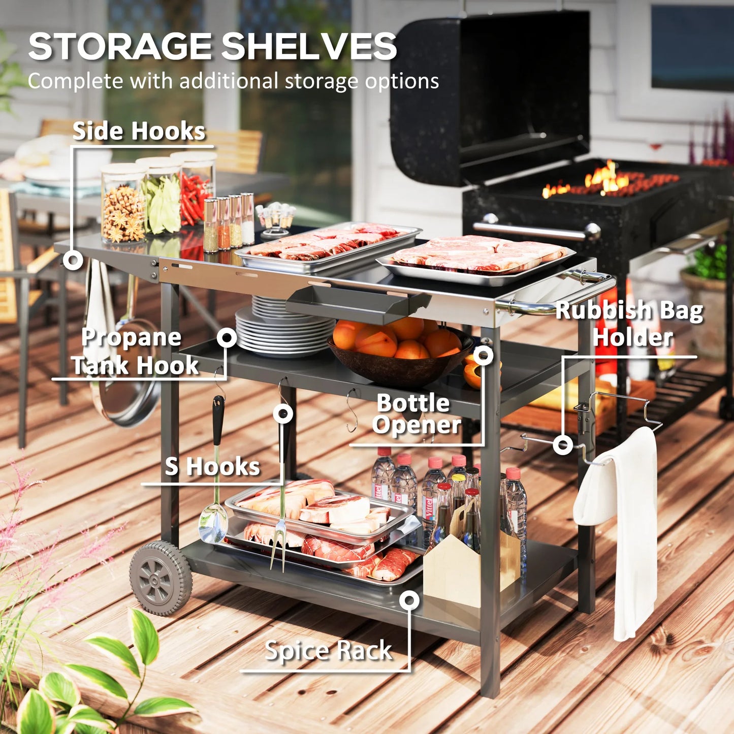 Outdoor Bar Cart Grill Table With Wheels And Prep Storage