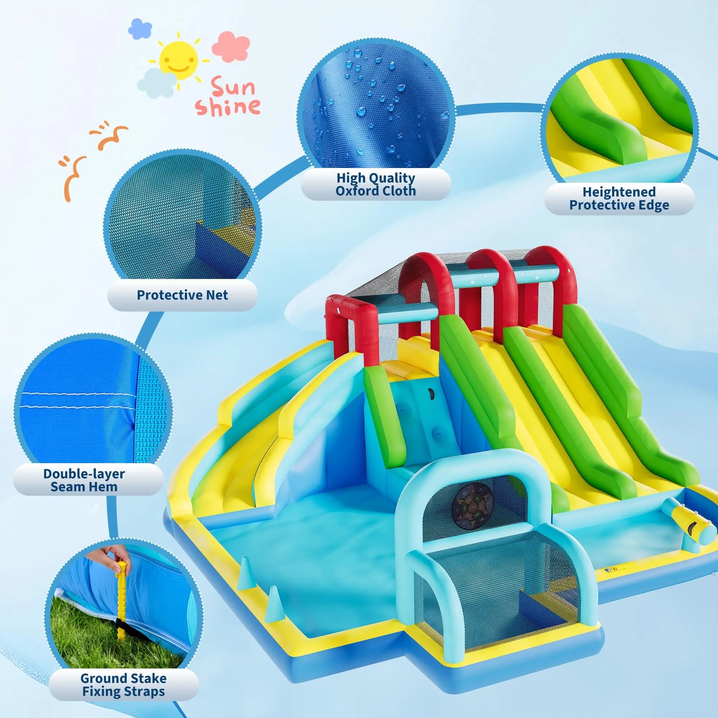 Inflatable Bounce House With 3 Slides, Water Slide Bouncy Castle With Splash Pool & Blower For Kids Indoor Outdoor Play Center Set