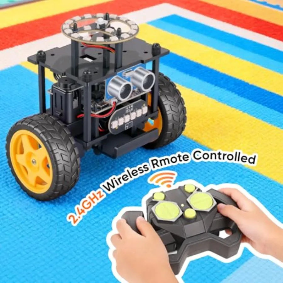 STEM educational robot car kit for kids ages 8-16, ABS plastic, black-red, remote control + build-your-own functionality