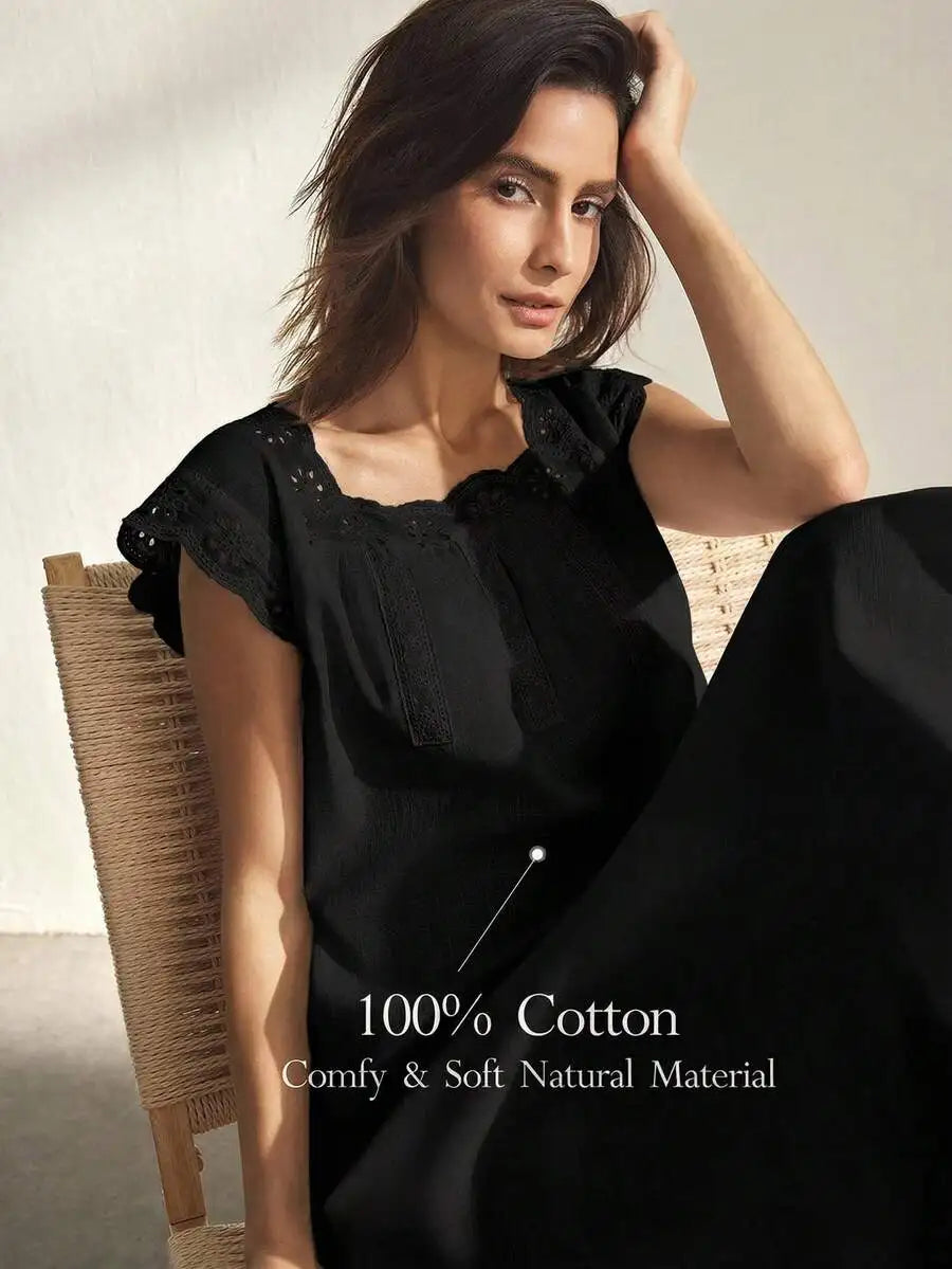 Womens 100% Cotton Lace Trim Nightgown Sleepwear Soft Comfortable