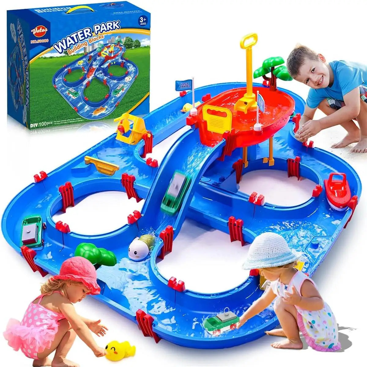 VATOS Summer Outdoor Kids Water Table 2-Tier Toddlers Water Table Playset Pool Waterway Toy with Pump Outside Activity Kids Fun