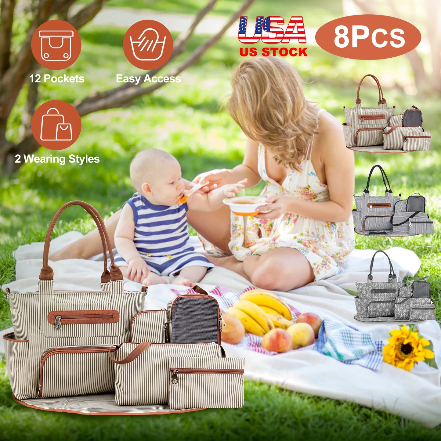 US Stock 8Pcs Diaper Bag Set Large Capacity Baby Nappy Handbag Multifunctional Maternity Changing Bag with Portable Pad