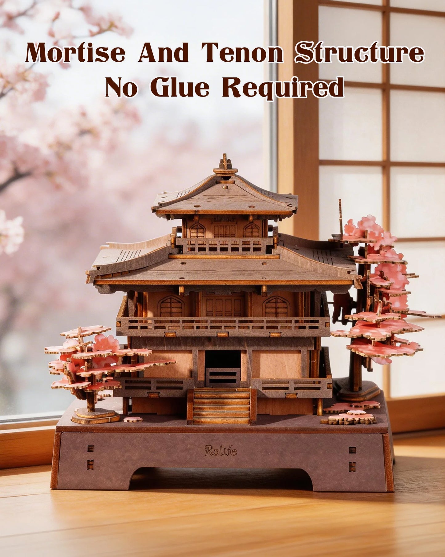 ROKR Sakura Pavilion 3D Wooden Puzzle – Japanese Architecture Model with Cherry Blossom Theme, 235-Piece DIY Craft Kit for Adults & Teens