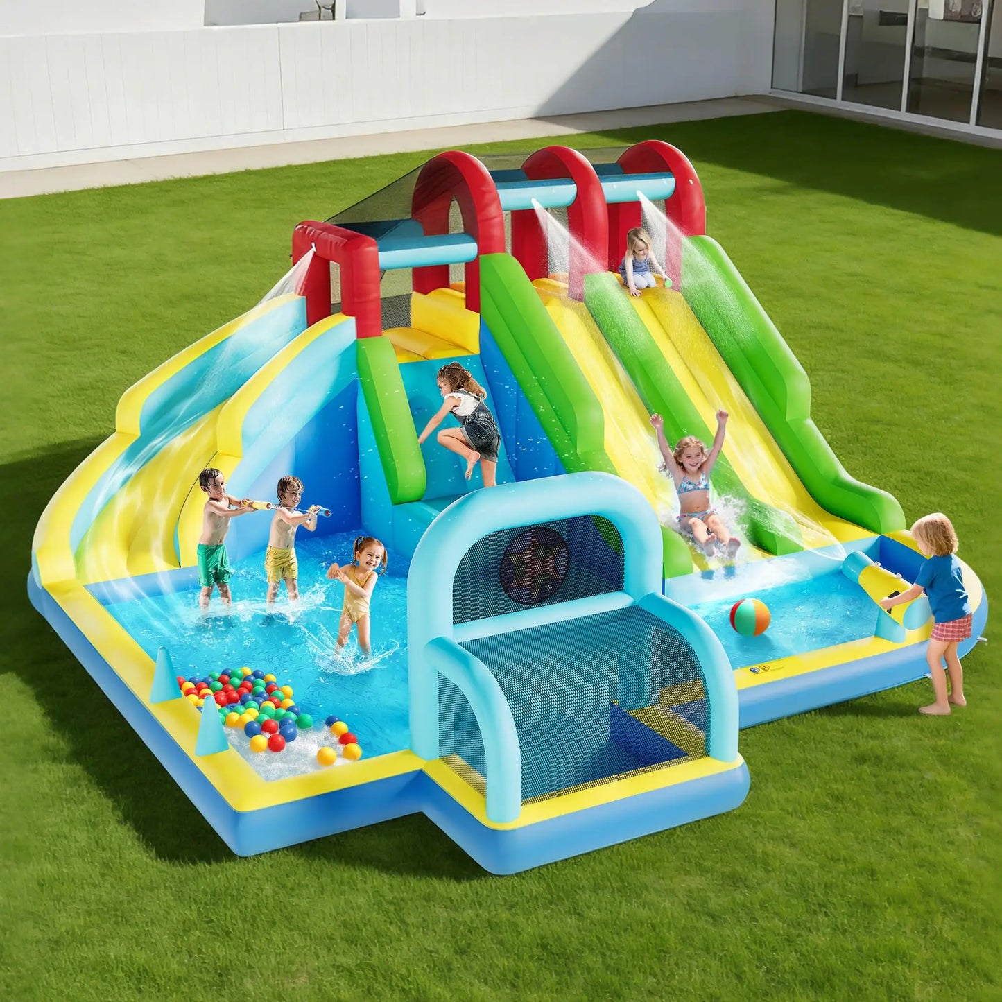 Inflatable Bounce House With 3 Slides, Water Slide Bouncy Castle With Splash Pool & Blower For Kids Indoor Outdoor Play Center Set