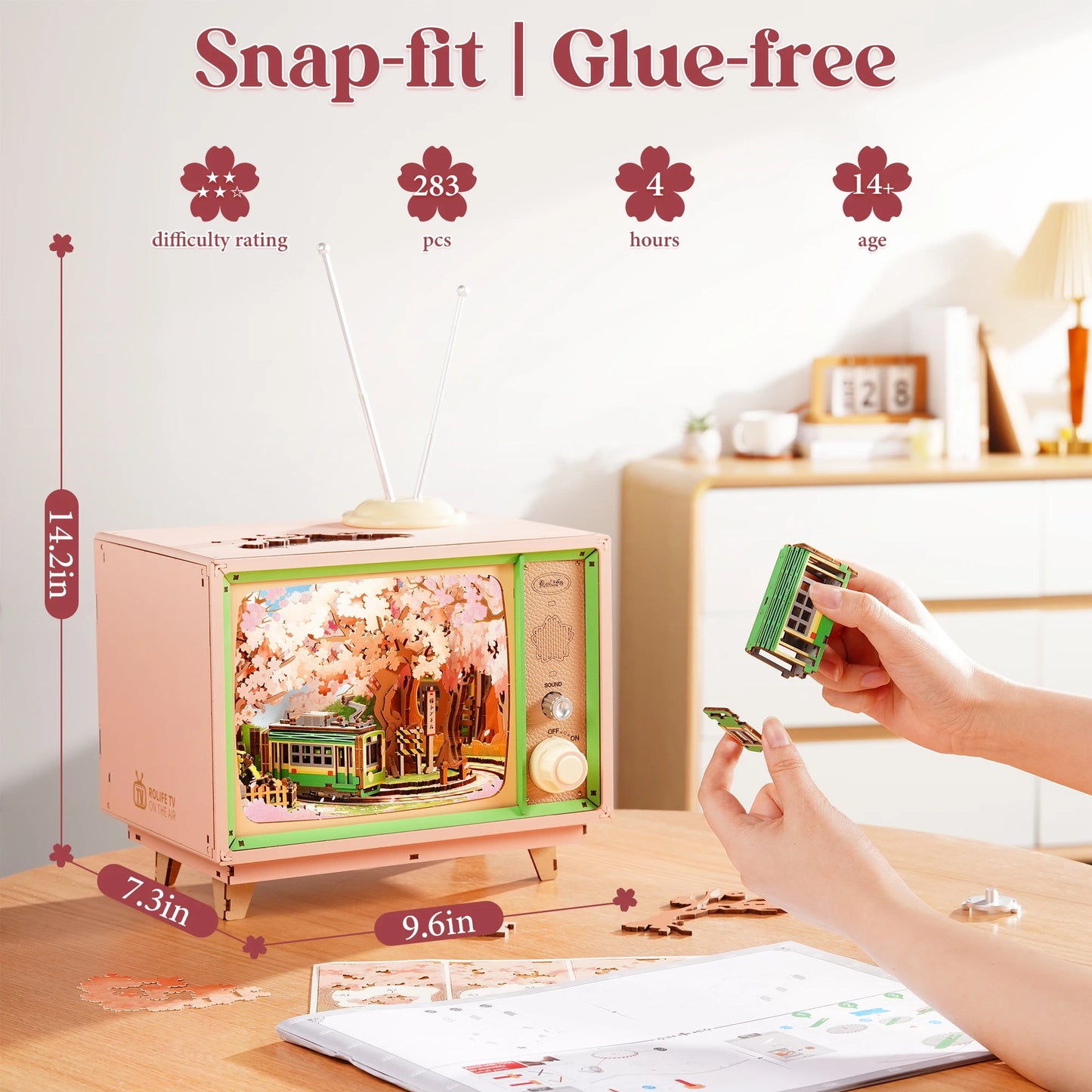 Rolife Sakura Dreamy Tour DIY Music Box Wooden 3D Puzzle Toys with LED for Home Decor Tiny House Model Kit for Adult to Build