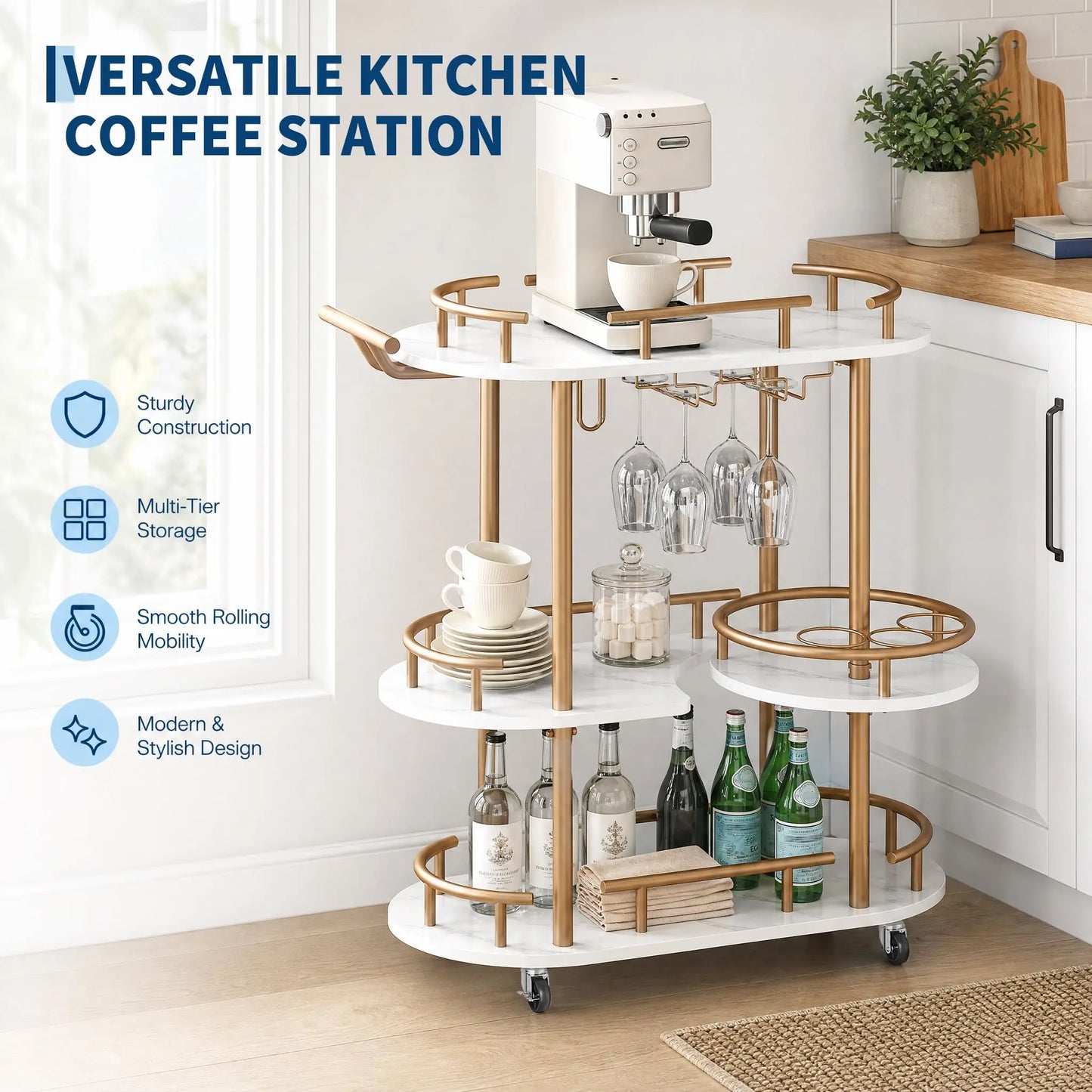 HiMISS Three Tier Metal Rolling Cart With Wine Rack