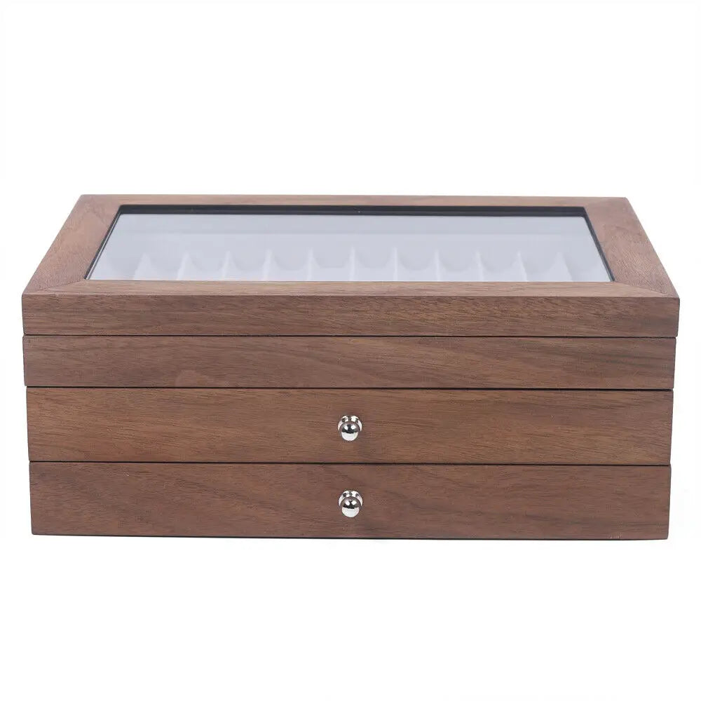 Pen Storage Case 34 Slots Walnut Wood Cabinet With Drawer Student Stationery Pen Display Show  Gift Case