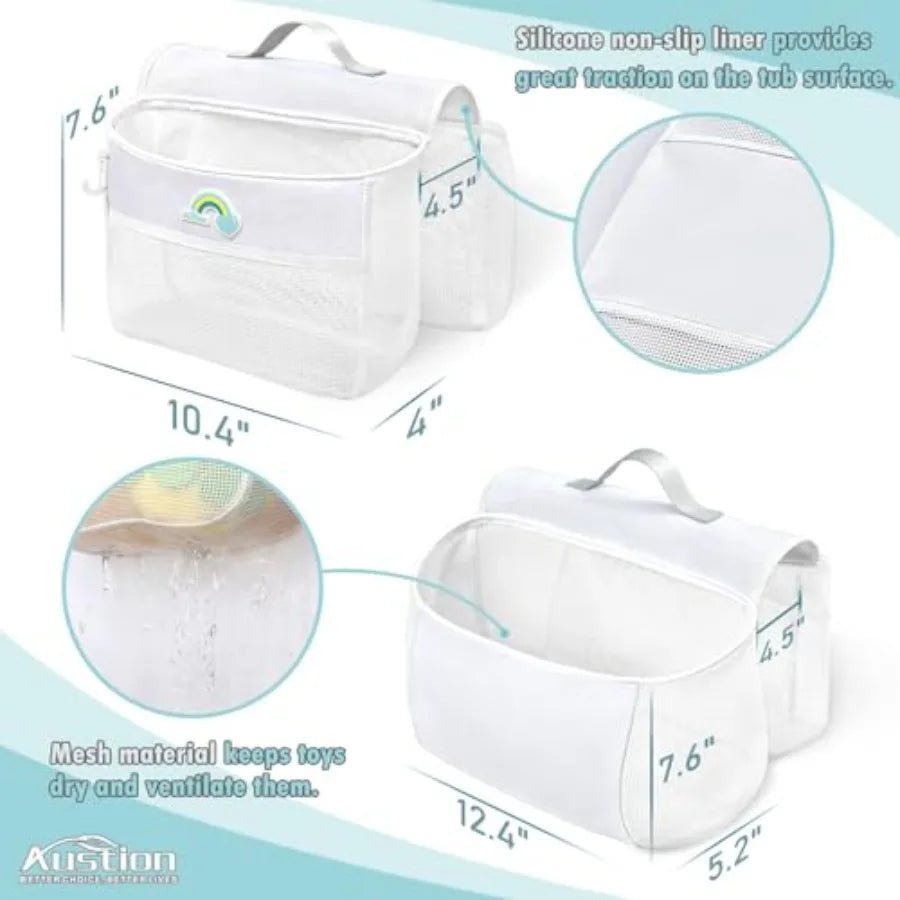 Saddle shape 2 Compartments Bath Toy Organizer, Easy Access for,Wide Opening Bath Toy Holder for Drying Toys and Storage, Mesh