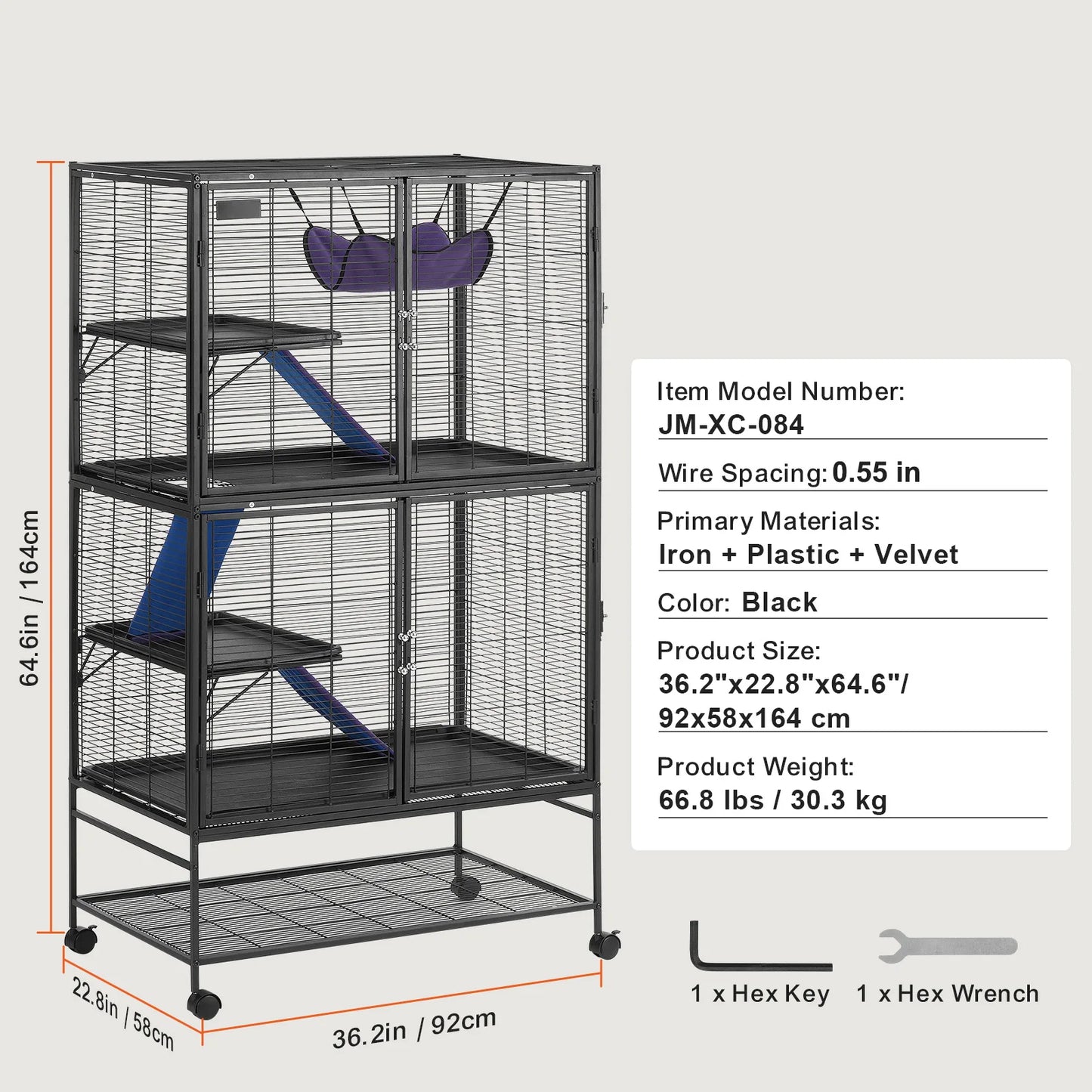 SucceBuy 64.6" Rolling Metal Ferret Cage Large 4-Tier Cage Small Animal Cage for Pet Rats Hamster Guinea